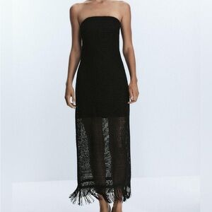 Zara Black Knit Fringe Strapless Midi Dress with Metallic Thread